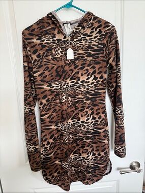 Leopard Print Hooded Long-Sleeve Dress - Brown